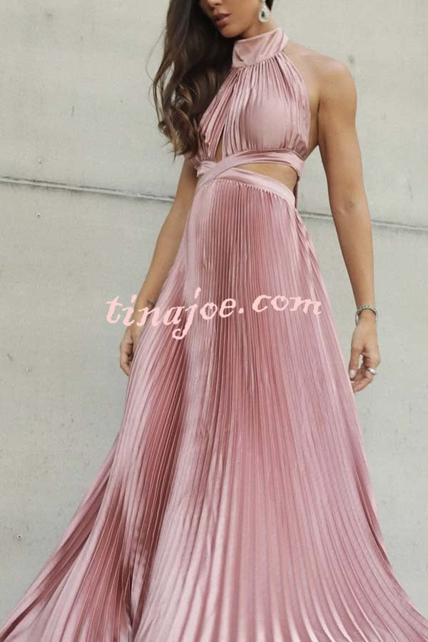 Stunning Choice Satin Pleated Halter High Neck Cutout Waist Backless Maxi Dress