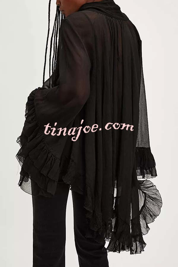 Flowy See-through Ruffle Tie-up Neck Bell Sleeve High-low Hem Cape Shirt