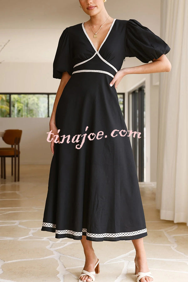 Fashionable Contrasting Color Edge V-neck Puff Sleeve Midi Dress