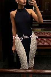Daija Contrast Color Halter Neck Backless Side Ruched Drape Midi Dress