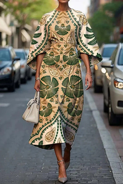 Unique Print Batwing Sleeve Waisted Casual Midi Dress