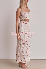 Rosa Linen Blend Bow Print Scallop Lace Trim Crop Tank and High Rise Slit Skirt Set