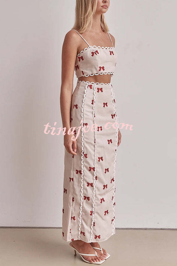 Rosa Linen Blend Bow Print Scallop Lace Trim Crop Tank and High Rise Slit Skirt Set