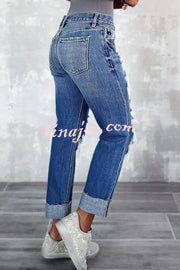 Lucy High Rise Distressed Pocketed Cuffed Hem Straight Leg Denim