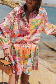 Leisurely Outings Summer Fruit Print Loose Long Sleeve Shirt and Elastic Waist Pocket Shorts Set