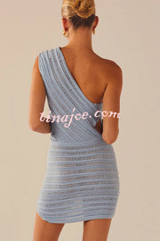 Solid Color Sexy One Shoulder Hollow Stitching Slim Fit Knitted Mini Dress