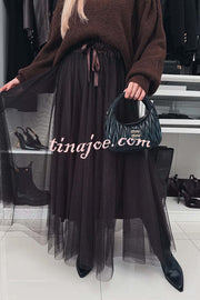 Romantic Winter Tulle Bow Elastic Waist Pleated Maxi Skirt