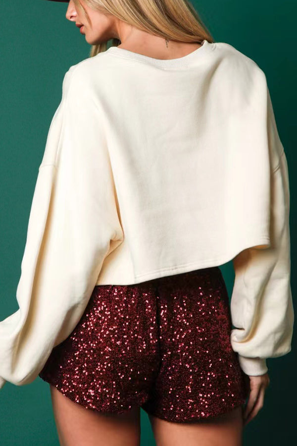 Christmas Sequined Casual Cropped Sweatshirt