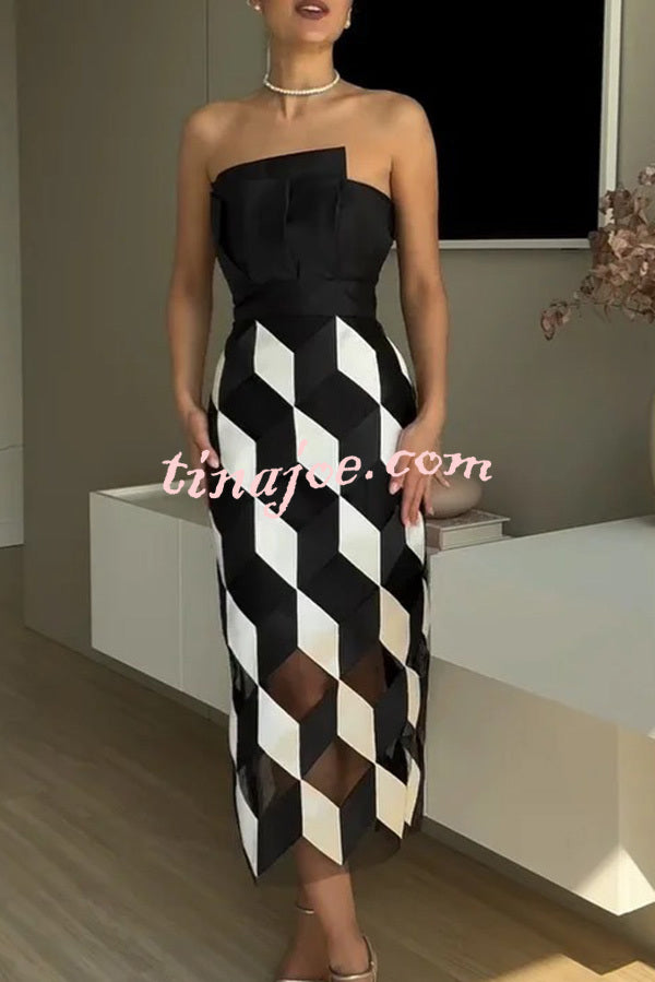 Sexy Tube Top and Backless Rhombus Contrast Midi Dress