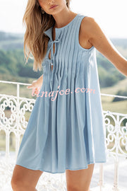 Solid Sleeveless Lace-up Loose Pleated Mini Dress