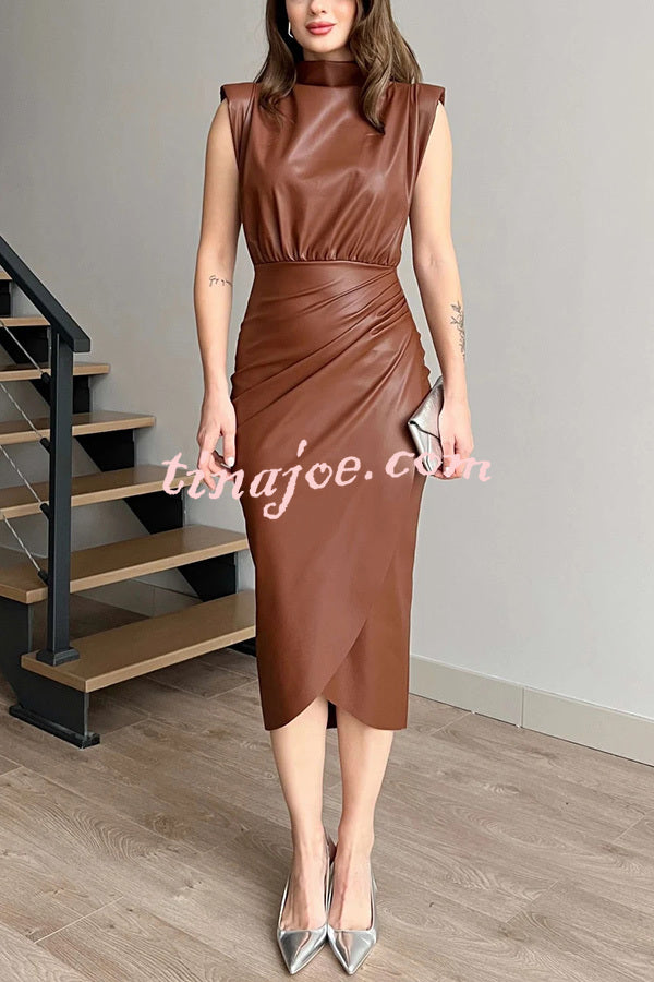 Elouise Faux Leather Turtleneck Shoulder Pads Ruched Slit Midi Dress