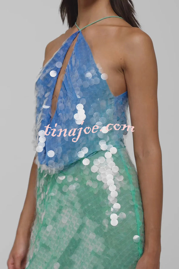 Fashion Sexy Sequined Backless Halter Neck Slim Fit Mini Dress