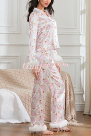 Christmas Print Feather Trim Elastic Waist Pocket Pajama Set