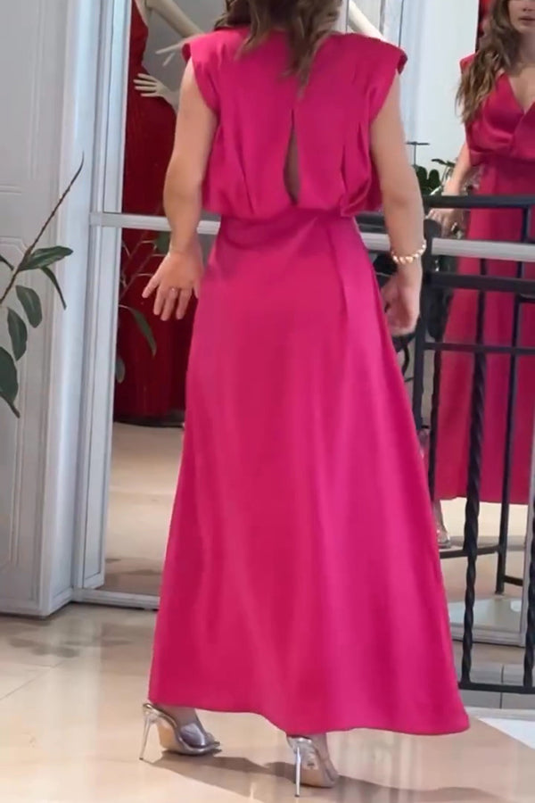 Solid Color V-neck Sleeveless Elegant Waist Slit Maxi Dress