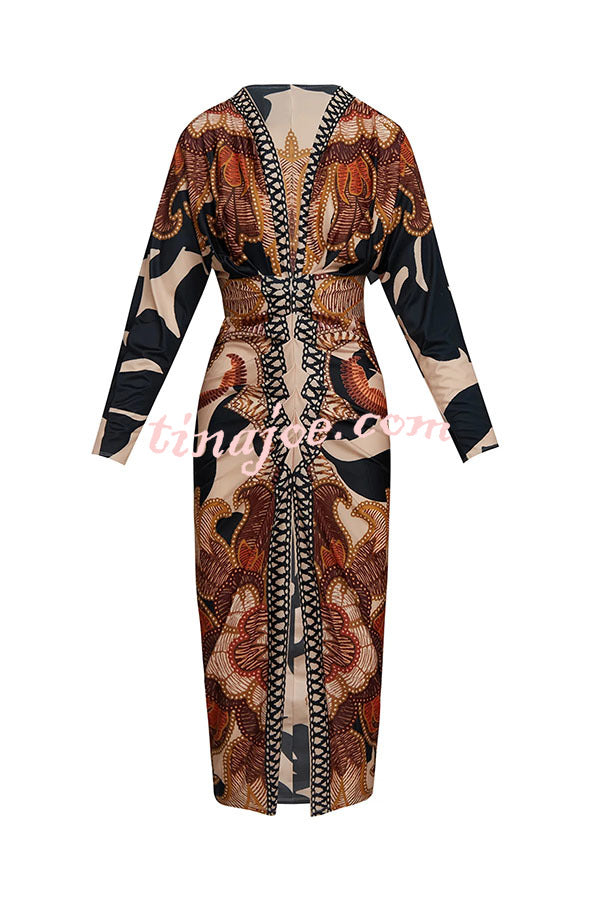 Verra Unique Print Dolman Long Sleeve Ruched Slit Midi Dress