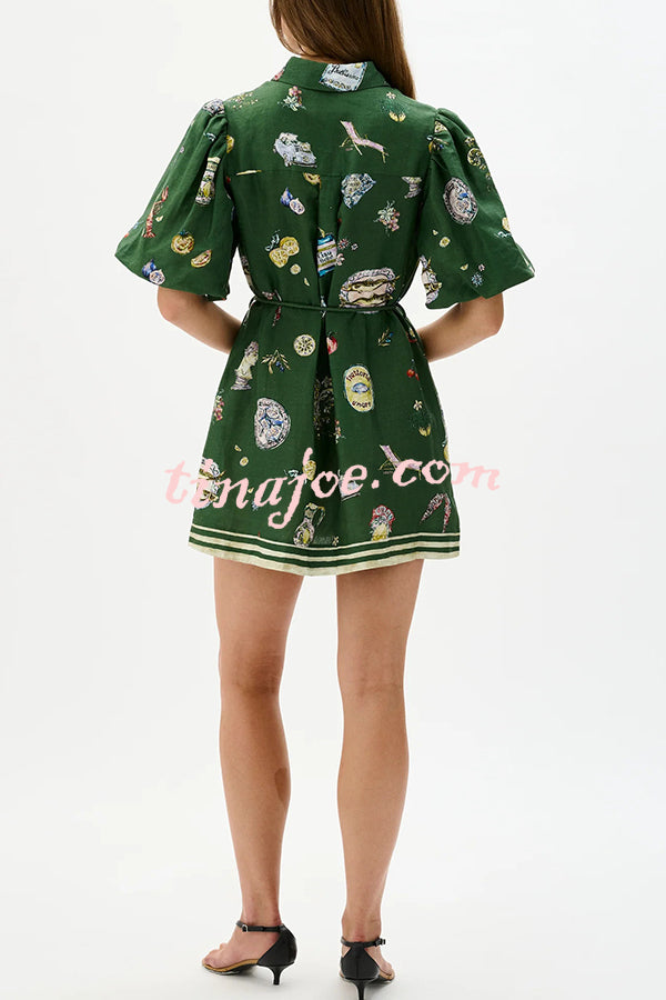 Linen Blend Unique Print Puff Sleeve Casual Mini Dress
