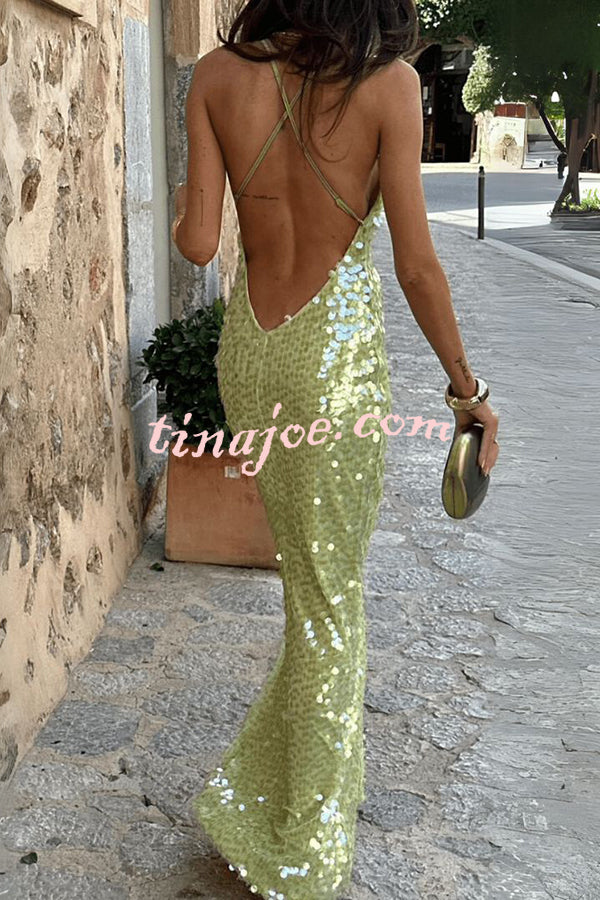 Fashionable Sequined Sexy Open Back Slim Maxi Dress