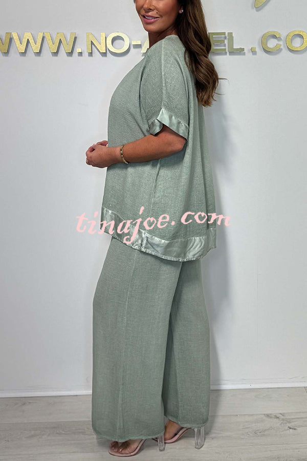 Fashionable V-neck Short-sleeved Loose Top and Elastic Waist Casual Wide-leg Pants Set