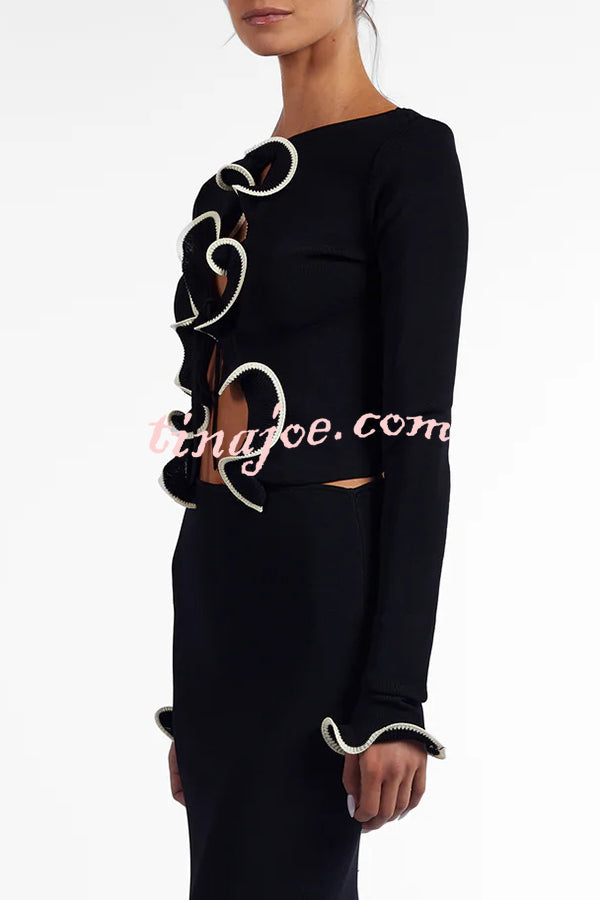 Fashion Ruffled Long-sleeved Tie-cropped Knitted Cardigan