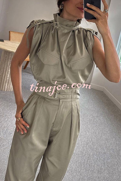 Statement Breast Pocket High Neck Top and Side Pocket Belt Long Pant Set