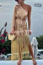 For The Love Gold Sequin One Shoulder Belted Fringes Midi Dress