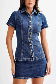 Modern Flavor Denim Short Sleeve Button Up Princess Seams Stretch Top