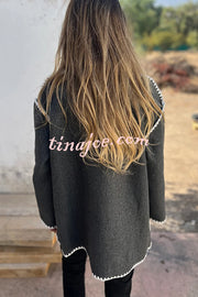 Stylish Loose Pocket Long Sleeve Coat and Warm Fringed Scarf