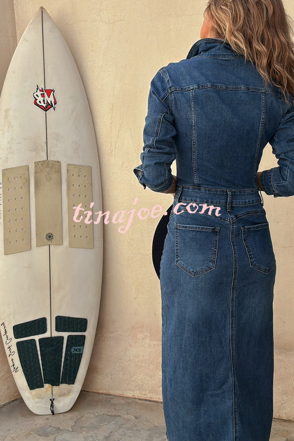 Tessy Denim Metal Button Zipper Shirt Stretch Pencil Slit Midi Dress