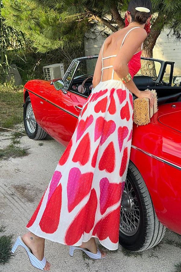 Full of Love Heart Shape Print Cutout Spaghetti Strap Backless Maxi Dress