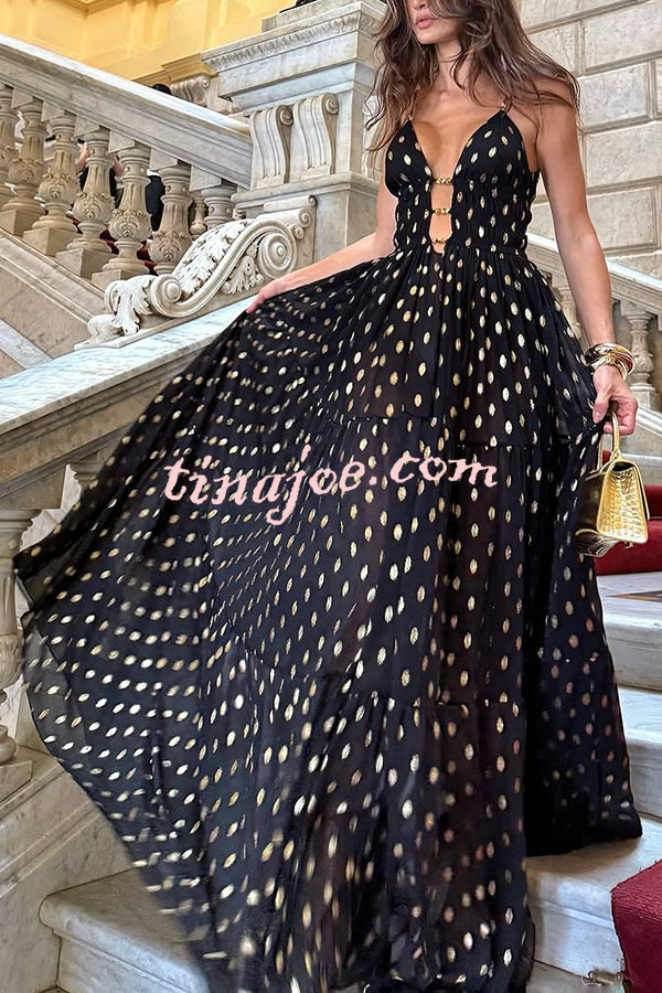 Charming View Chiffon Gold Polka Dot Print Cutout Lightweight Maxi Dress