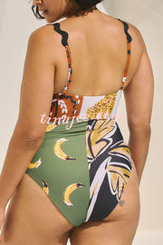 Nature Beauty Unique Leopard Print Ric Rac Strap Stretch One-piece Swimsuit