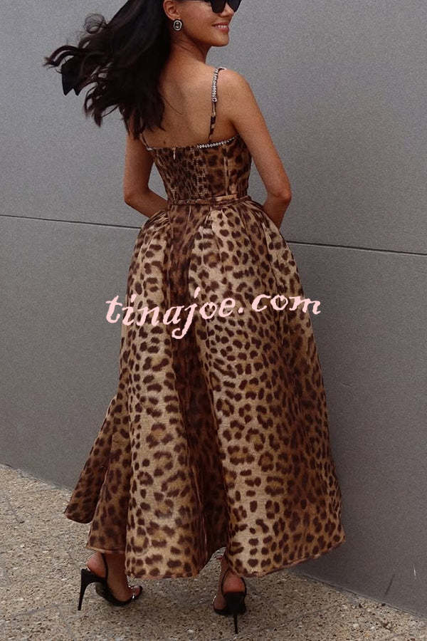 Unleash Your Wild Leopard Rhinestone Trim Back Smocked Midi Dress