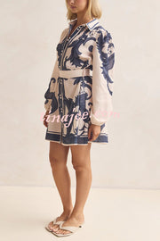 Botanical Print Lapel Puff Sleeve Vintage Belt Loose Mini Dress