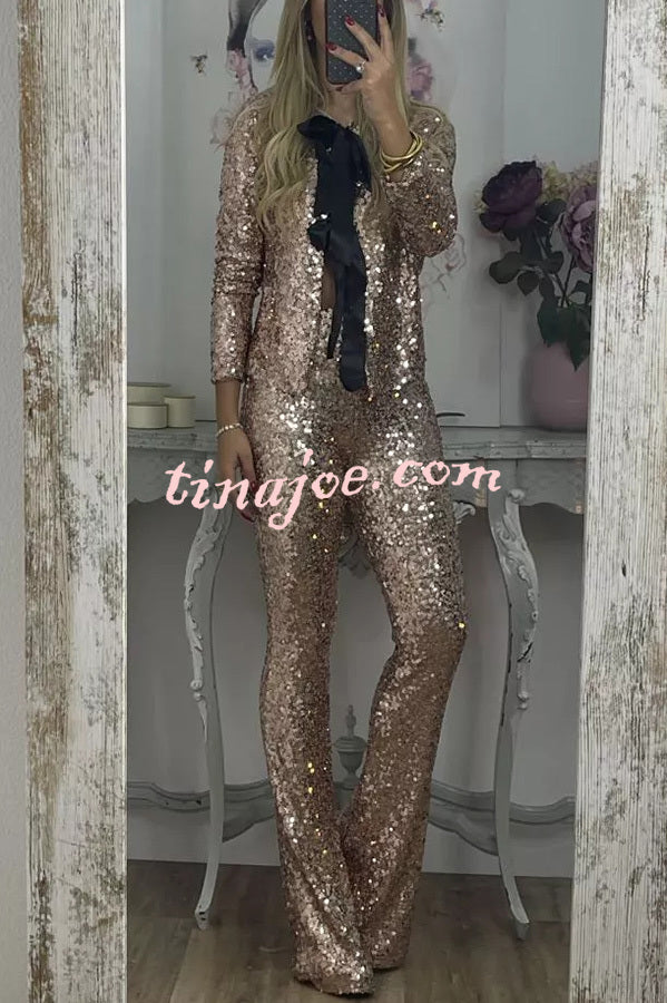 Holiday Cheer Sequin Tie-front Satin Bow Long Sleeve Jacket