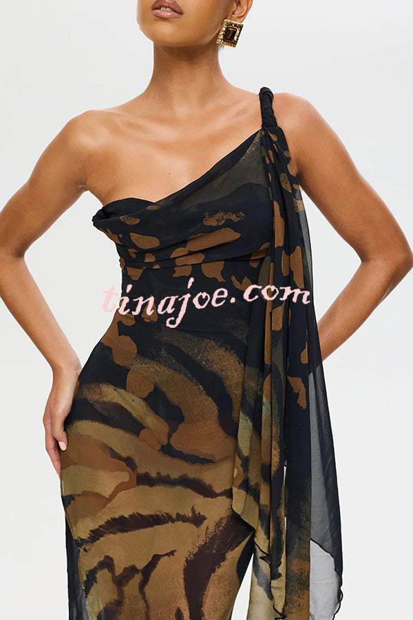 Unique Print Sexy One Shoulder Slim High Slit Maxi Dress