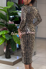 Dina Sequin Leopard Print Twist Detail Long Sleeve Stretch Midi Dress