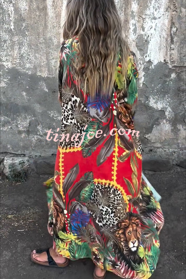 Jungle Miracle Animal Unique Print Button Long Sleeve Midi Relaxed Blouse