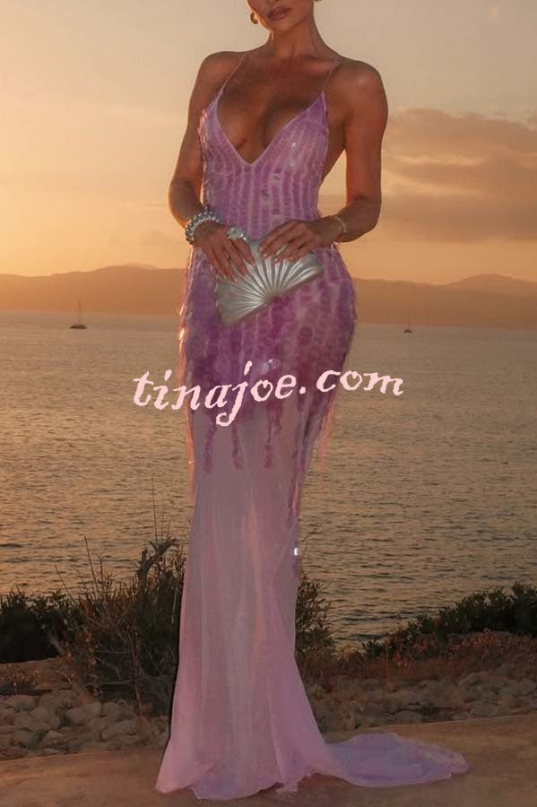 Perfect Night Sequin Embroidery Backless Drape Tulle Hem Slip Maxi Dress