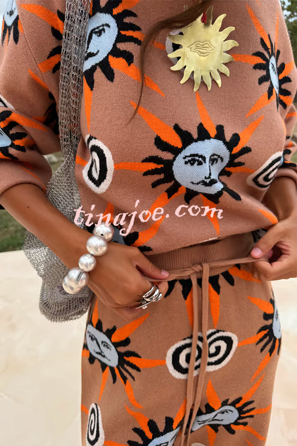 Mediterranean Art Knit Unique Sun Vortex Print Elastic Waist Wide Leg Pants