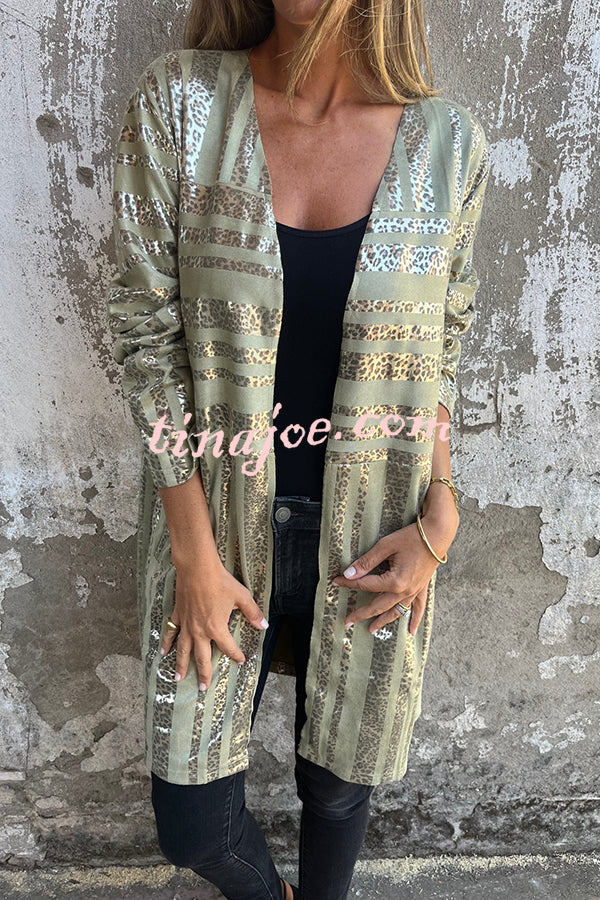 Fashionable Gold Foil Leopard Print Suede Long Sleeve Loose Pocket Midi Coat