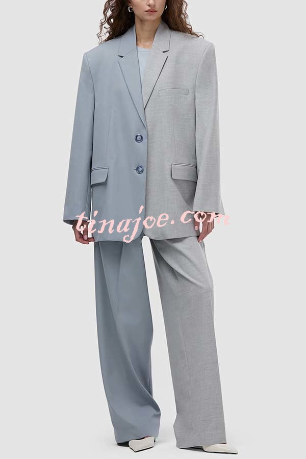 Girl Boss Avant-garde Contrast Colors Lapel Boyfriend Blazer and Pocketed Wide Leg Pants Set