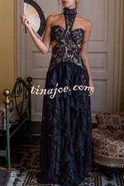 A Girls' Trip Lace High Neck Cutout Drop Waist Ruffles Maxi Dress