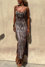 An Inspiration Tie-dye Print Double Shoulder Strap Stretch Maxi Dress