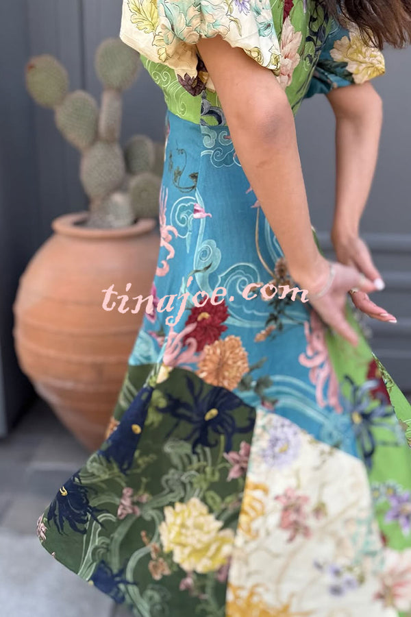 Floral Print Round Neck Puff Sleeve Casual Midi Dress