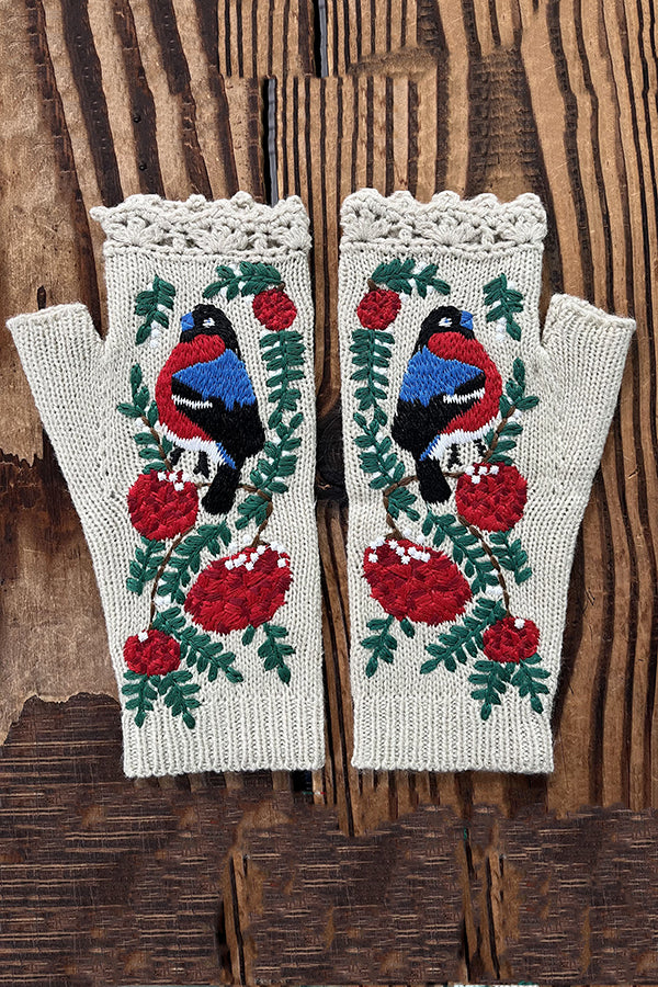 Little Red Bird Flower Embroidery Knitted Warm Gloves