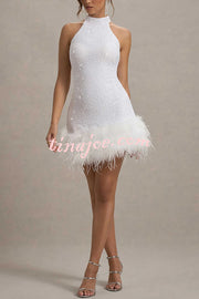 Dazzling and Playful Sequin High Neck Feather Trim Stretch Mini Dress