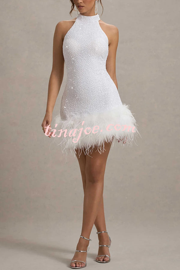 Dazzling and Playful Sequin High Neck Feather Trim Stretch Mini Dress