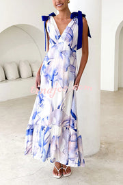 Unique Printed V-neck Sleeveless Lace-up Waist Maxi Dress