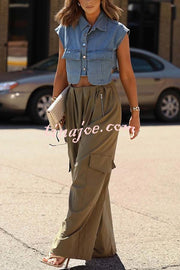 Great Week Pleated Elastic Waist Zipper Pocket Wide Leg Cargo Pants