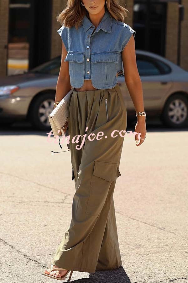 Great Week Pleated Elastic Waist Zipper Pocket Wide Leg Cargo Pants